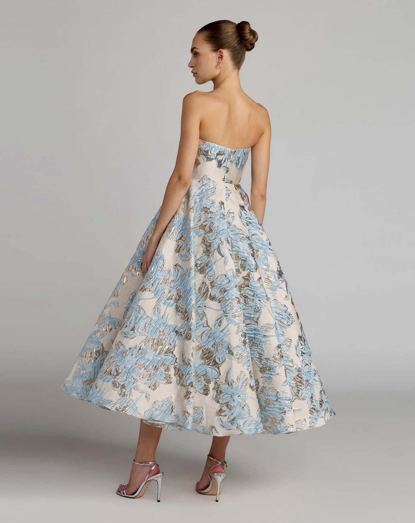 Blue And White Strapless Brocade Midi Dress With Pockets