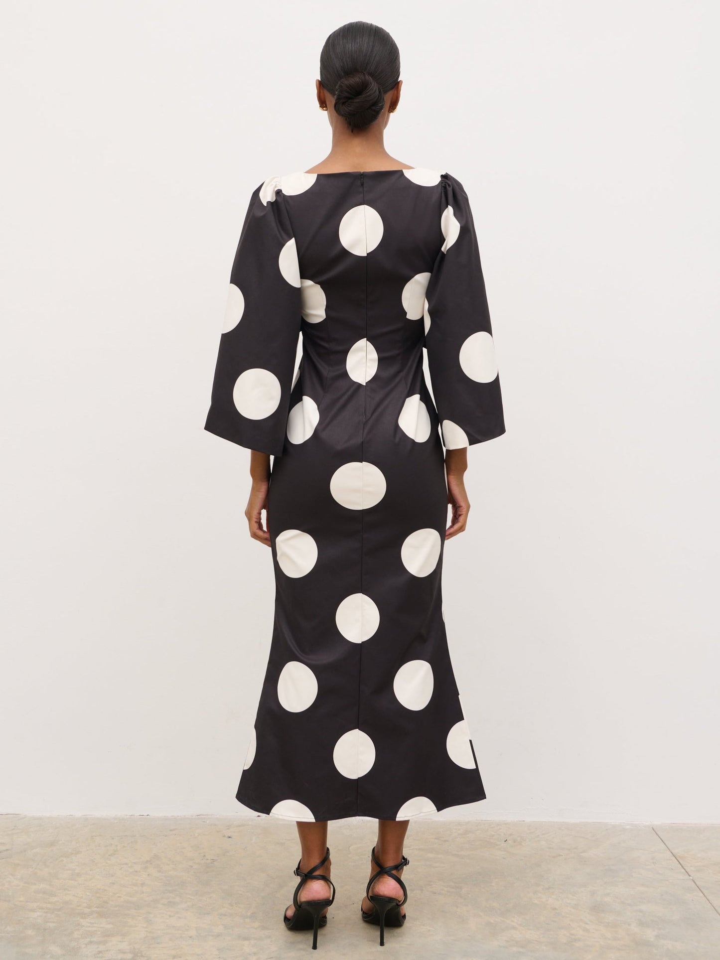 Liora A-Line Midaxi Dress - Black and Cream Polkadot