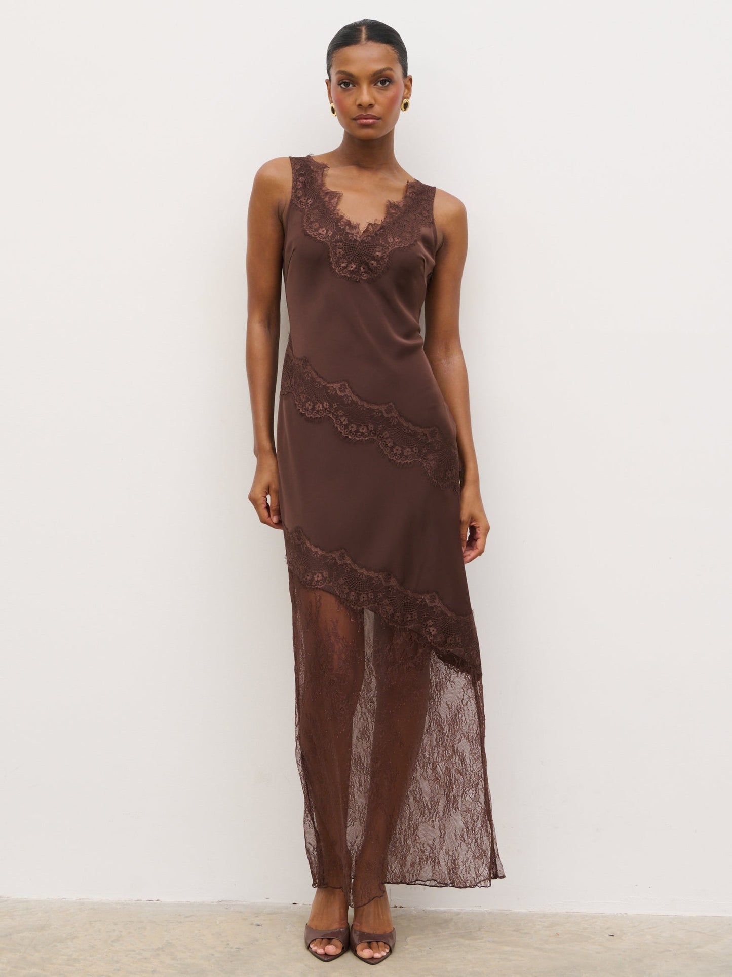 Robin Slip Lace Maxi Dress - Chocolate Brown