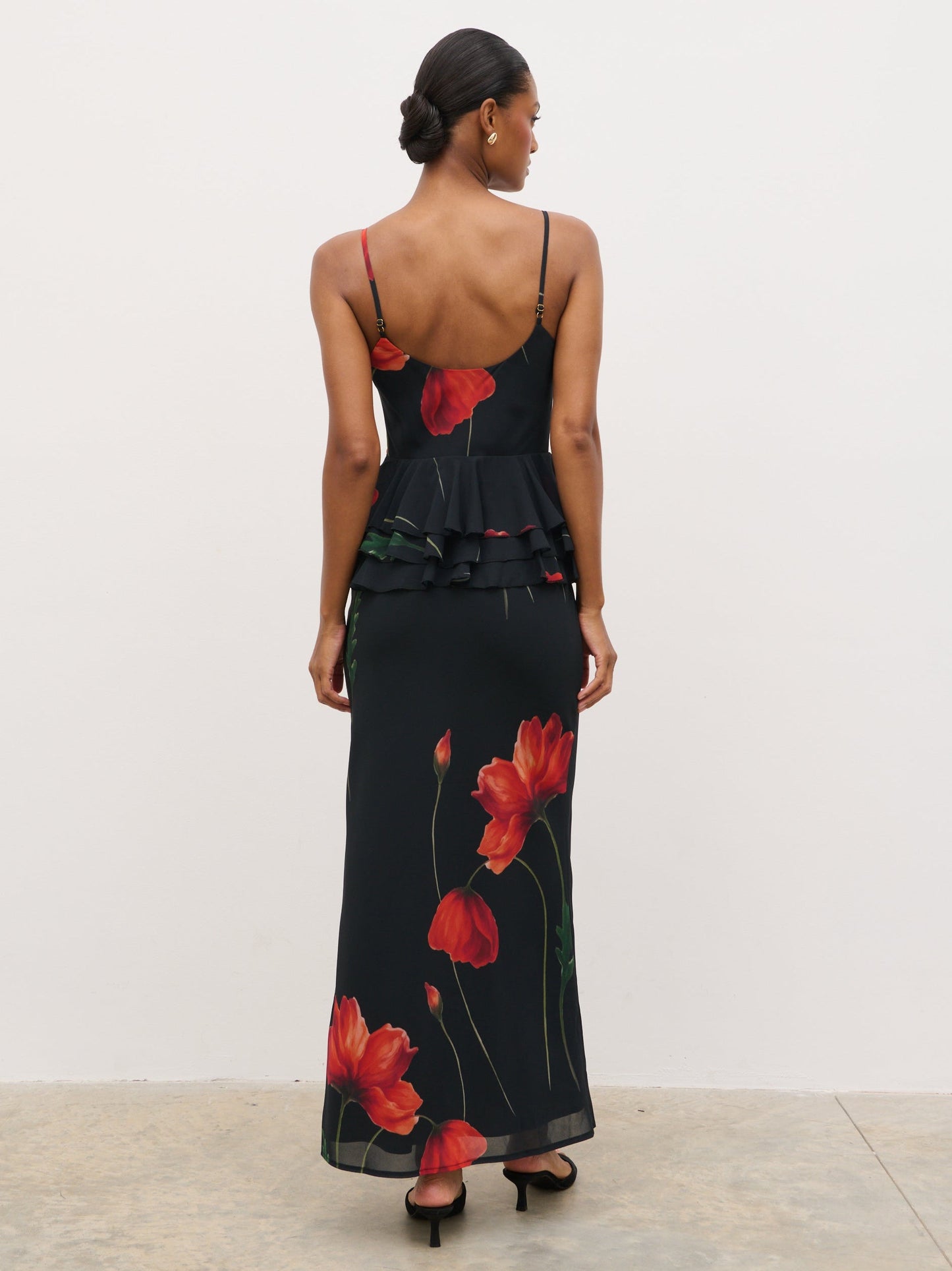 Rosie Peplum Ruffle Maxi Dress - Largescale Poppy Petal Red