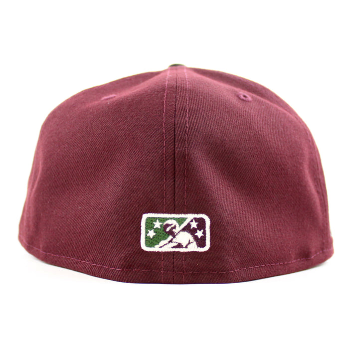 Buffalo Bisons 25th Bison patch New Era 59Fifty Fitted Hat (MAROON BLACK CAMO Green Under Brim)