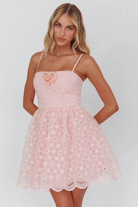 Bahia A-Line Square Neckline Mini Dress Lace Blush