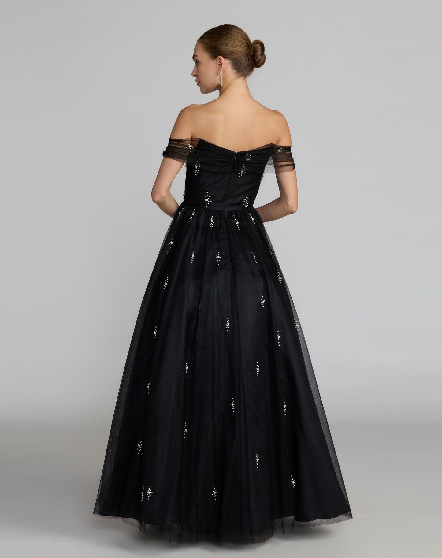 Black Pearl Embellished Off The Shoulder Ball Gown