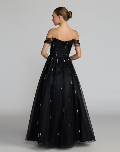 Black Pearl Embellished Off The Shoulder Ball Gown
