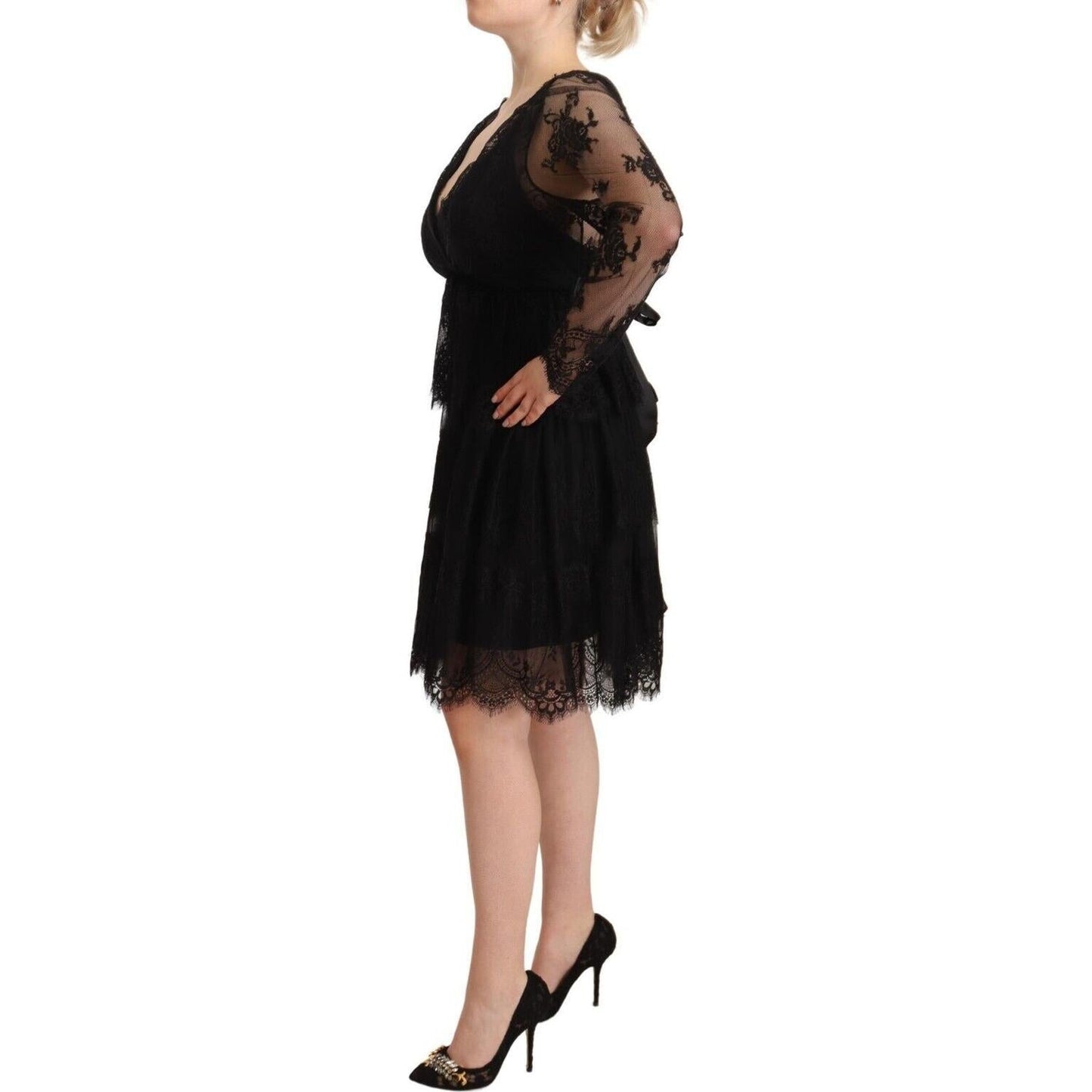 Aniye By Black Floral Lace Cotton Long Sleeves V-neck Shift Dress