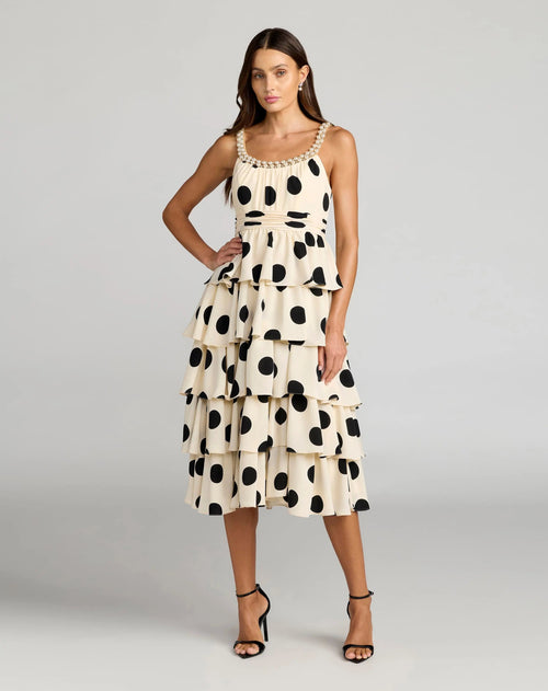 Beige Pearl Embellished Polka Dot Midi Dress