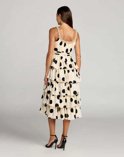 Beige Pearl Embellished Polka Dot Midi Dress