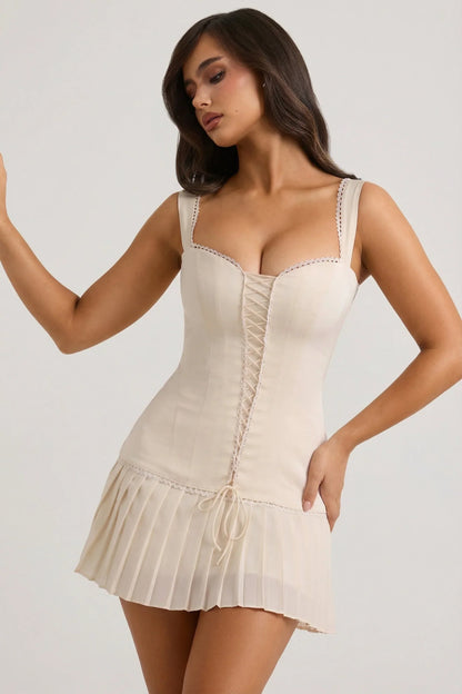 Bow-Detail Lace-Up Corset Mini Dress in Ivory