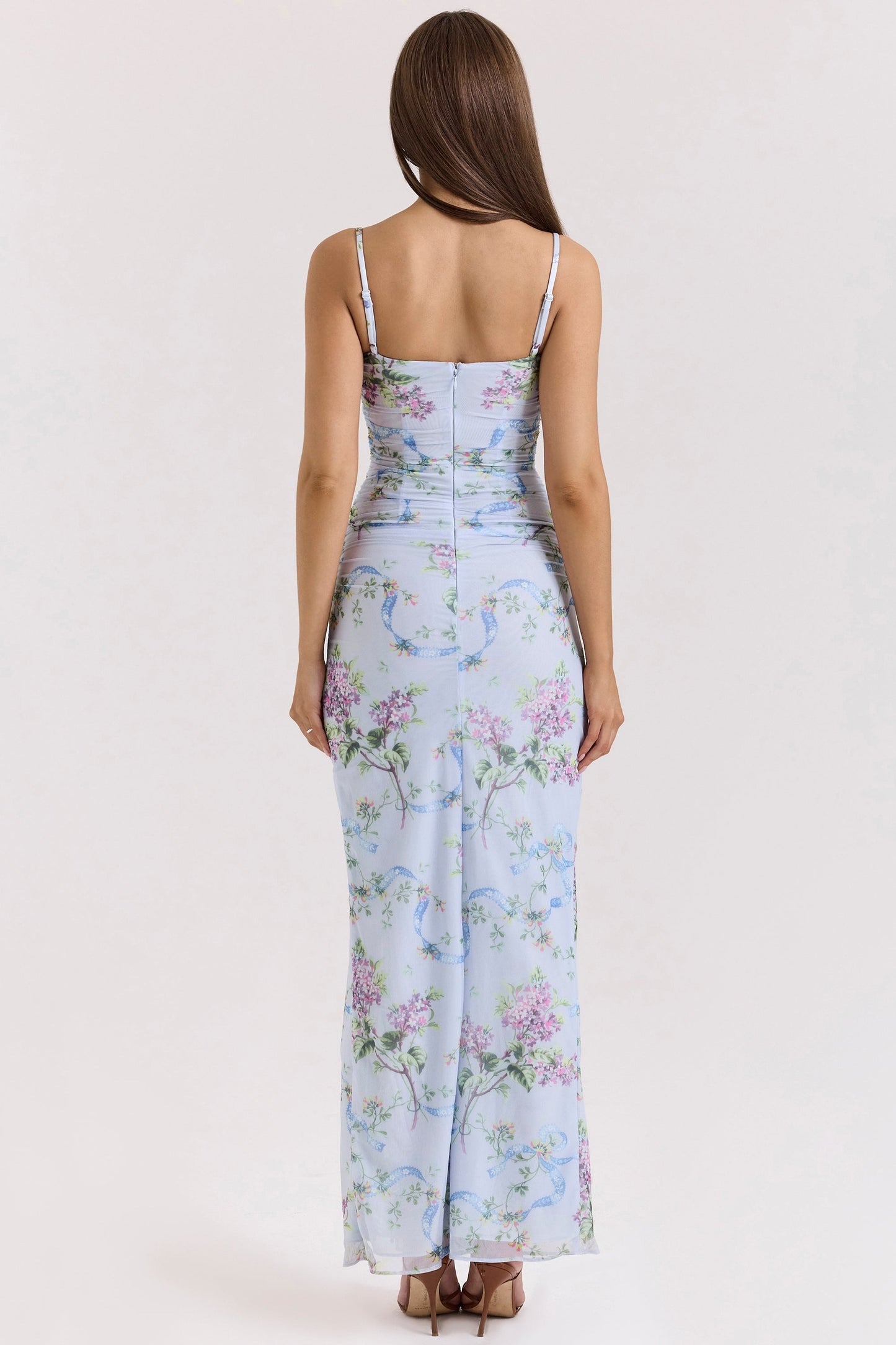 blue floral print mesh maxi dress