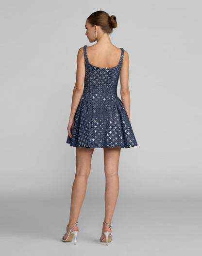 Blue Sleeveless Sequin Denim Mini Dress