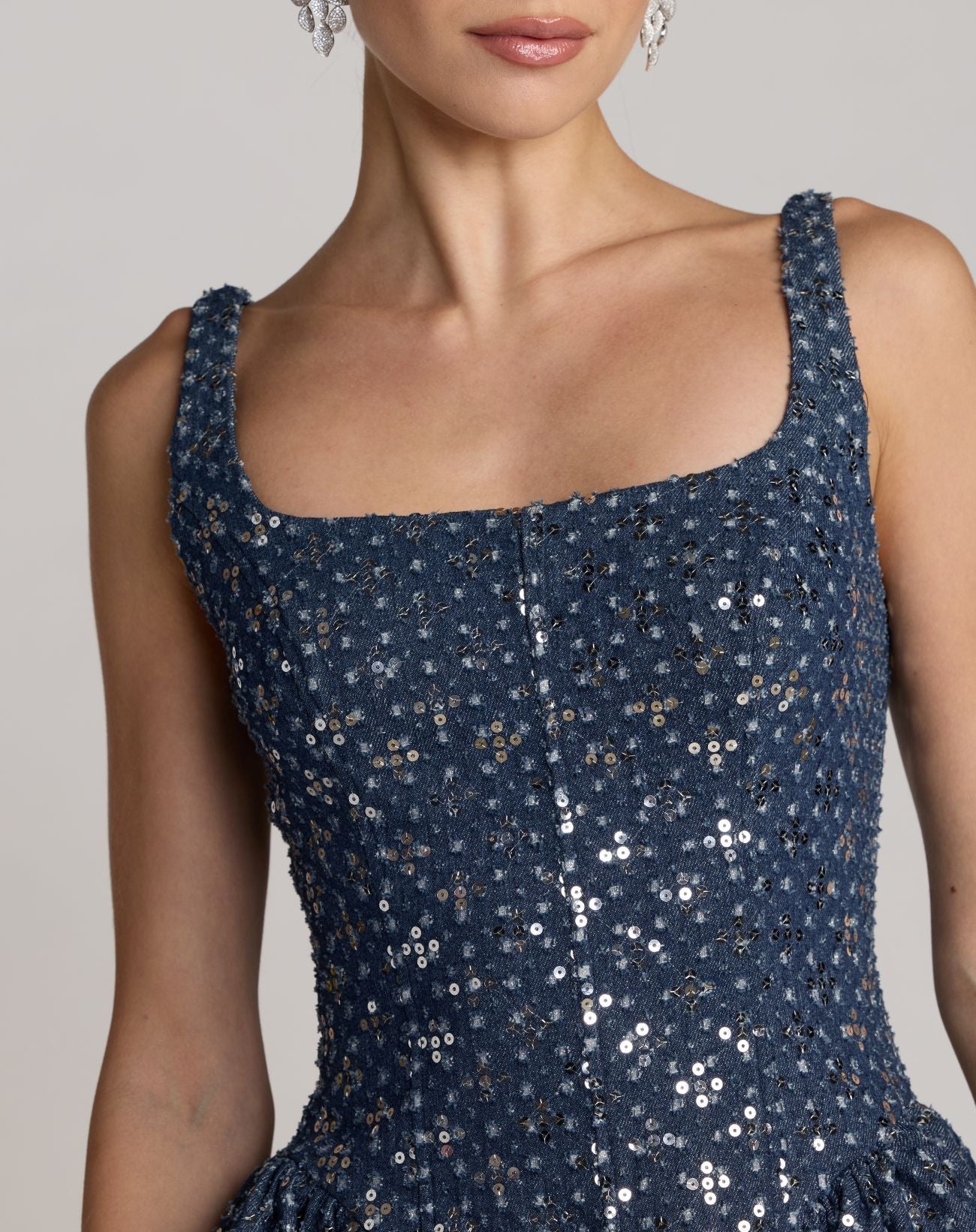 Blue Sleeveless Sequin Denim Mini Dress
