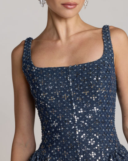 Blue Sleeveless Sequin Denim Mini Dress
