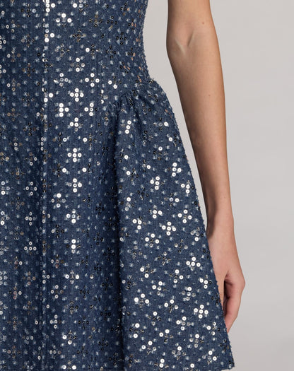 Blue Sleeveless Sequin Denim Mini Dress