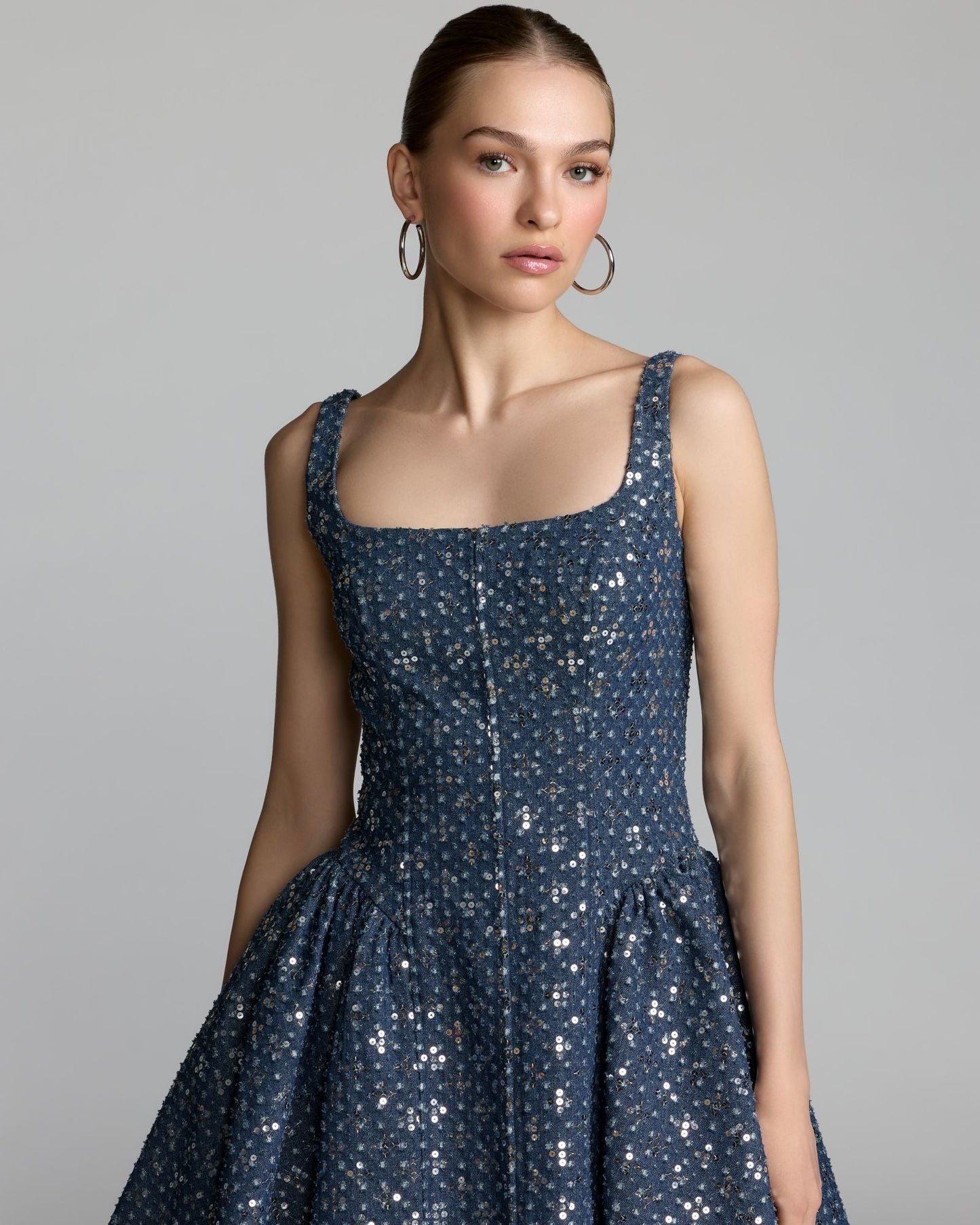 Blue Sleeveless Sequin Denim Mini Dress