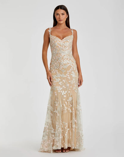 Beige Floral Embroidered Tulle Trumpet Gown - FINAL SALE