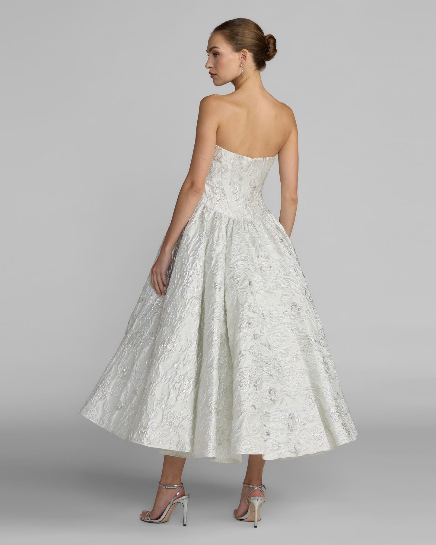 Ivory Strapless Brocade Tea Length Dress
