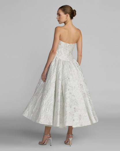Ivory Strapless Brocade Tea Length Dress