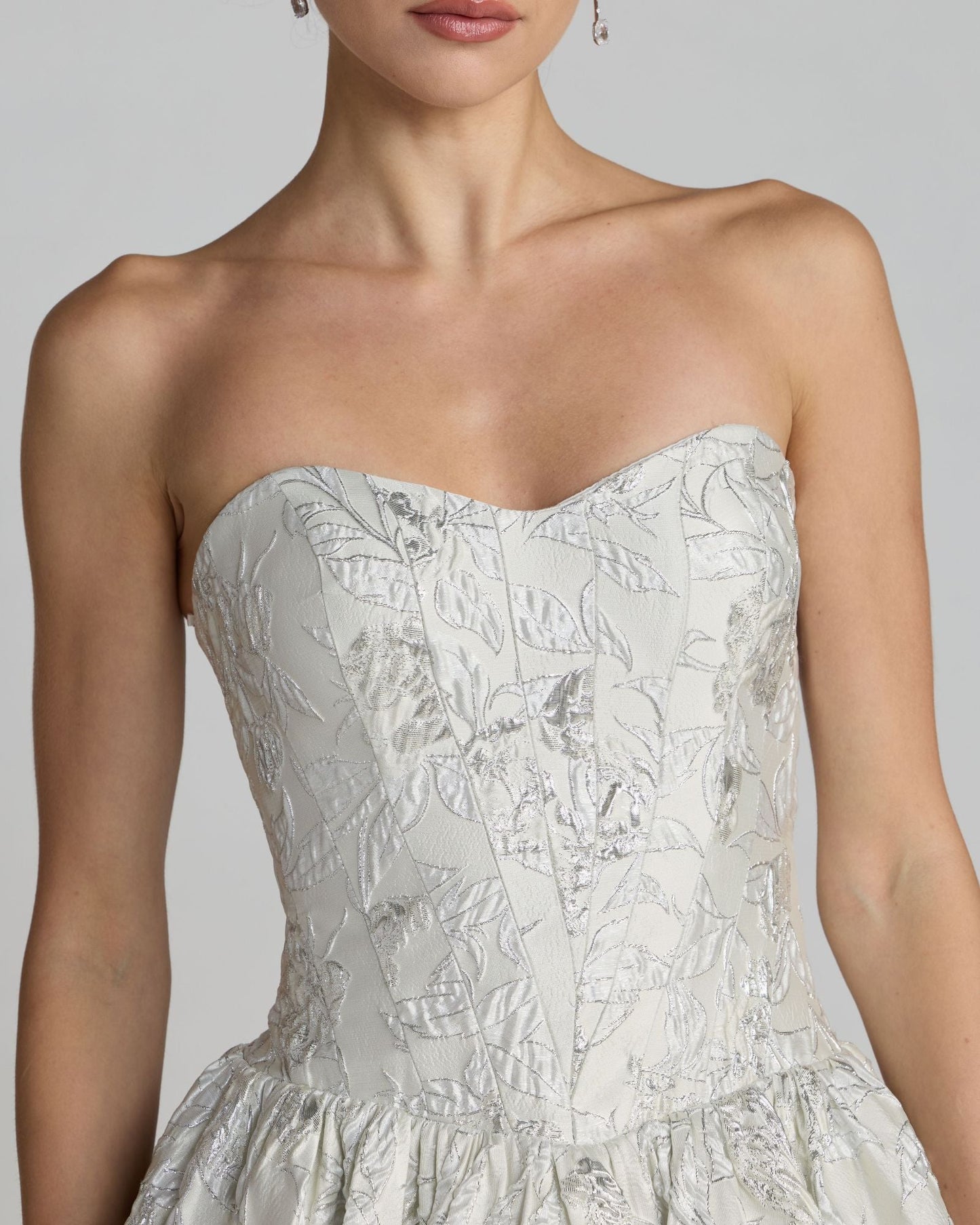 Ivory Strapless Brocade Tea Length Dress