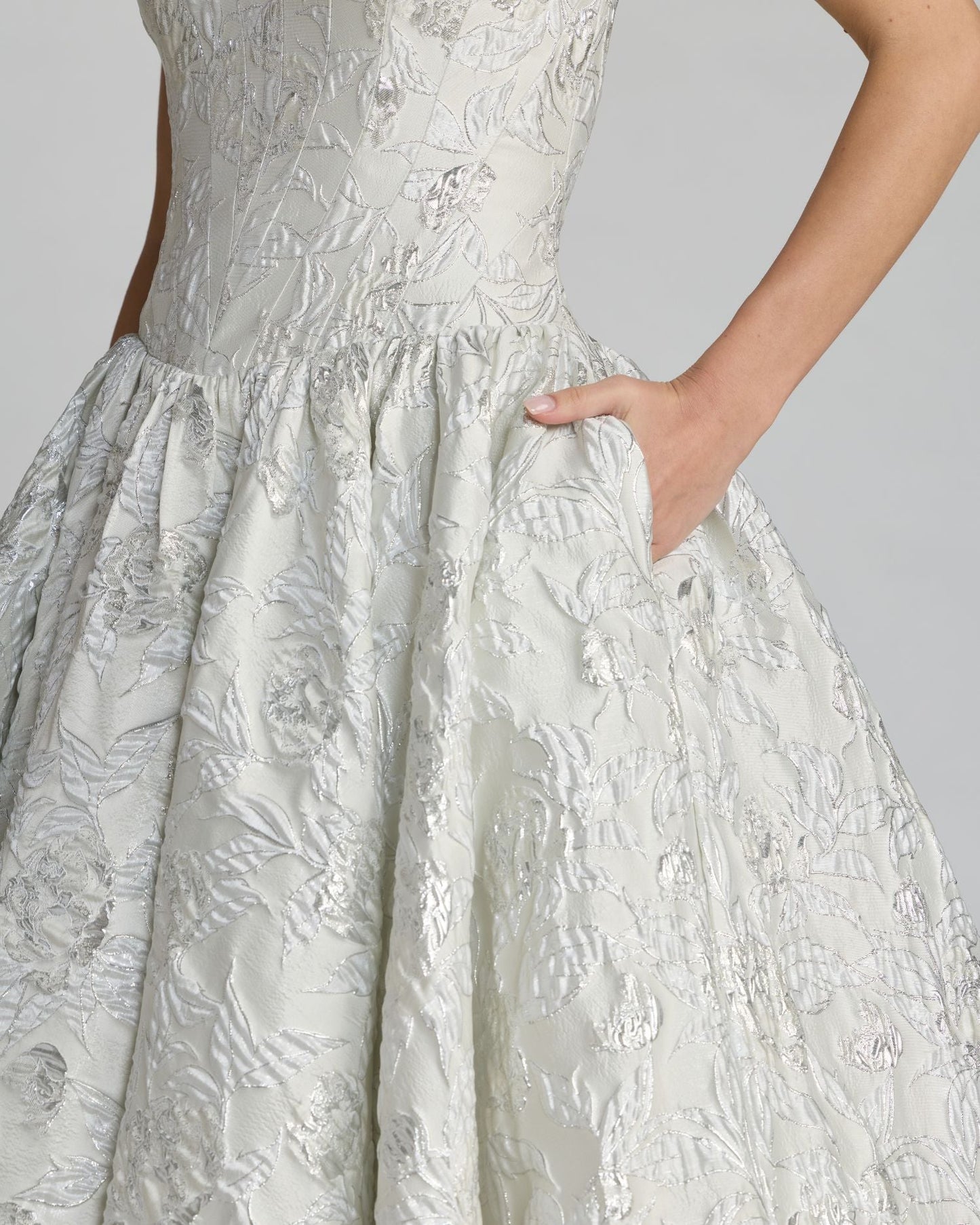 Ivory Strapless Brocade Tea Length Dress