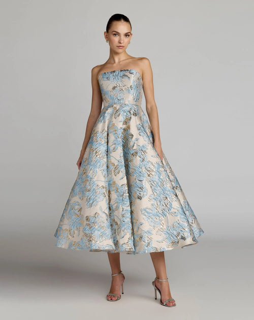 Blue And White Strapless Brocade Midi Dress With Pockets
