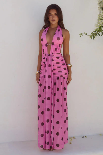 ADRIANNA PLUNGE RUCHED MAXI DRESS - MUSK/CHOC POLKA