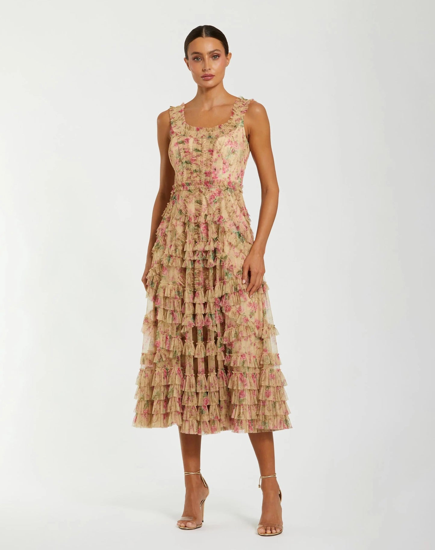 Beige Floral Printed Sleeveless Ruffle Midi Dress
