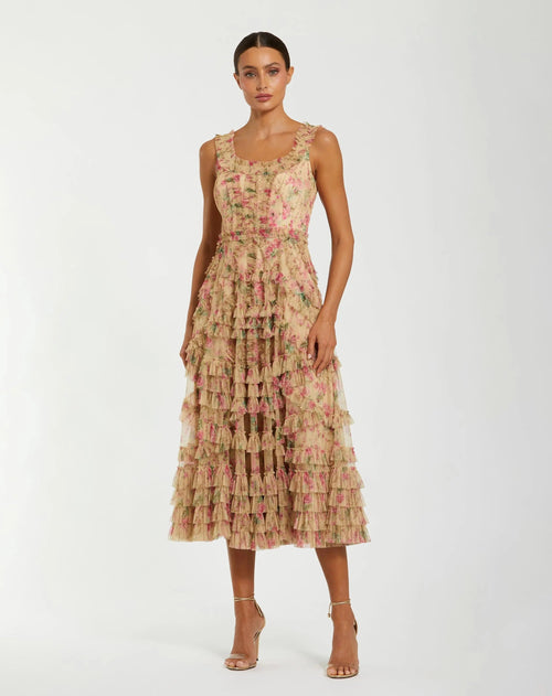 Beige Floral Printed Sleeveless Ruffle Midi Dress