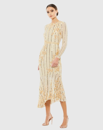 Long Sleeve Embellished Tea Length Dress