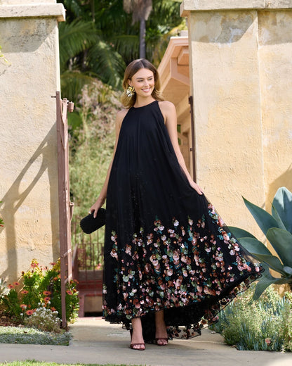 Black Sequin Embellished Sleeveless High Low Gown