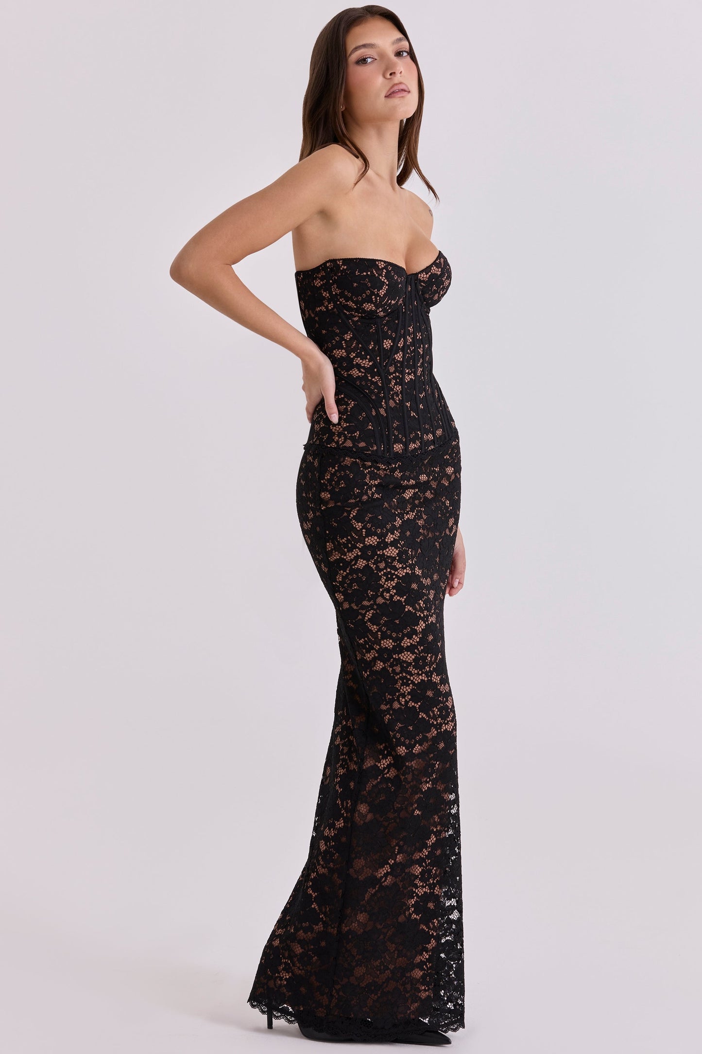black + blush lace corset maxi dress