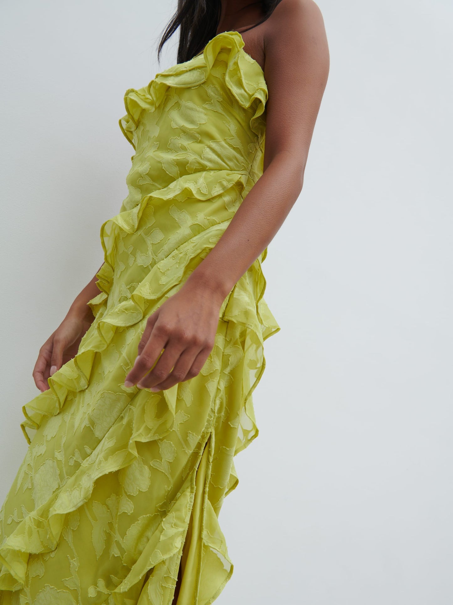 Aryana Jacquard Ruffle Midaxi Dress - Chartreuse