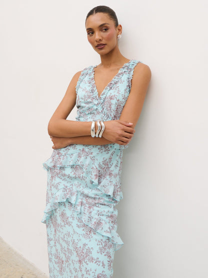 Aurelia Ruffle Maxi Dress - Seaspray and Brown Floral