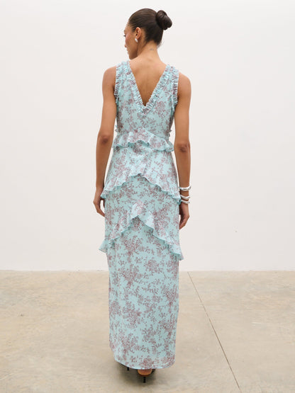 Aurelia Ruffle Maxi Dress - Seaspray and Brown Floral