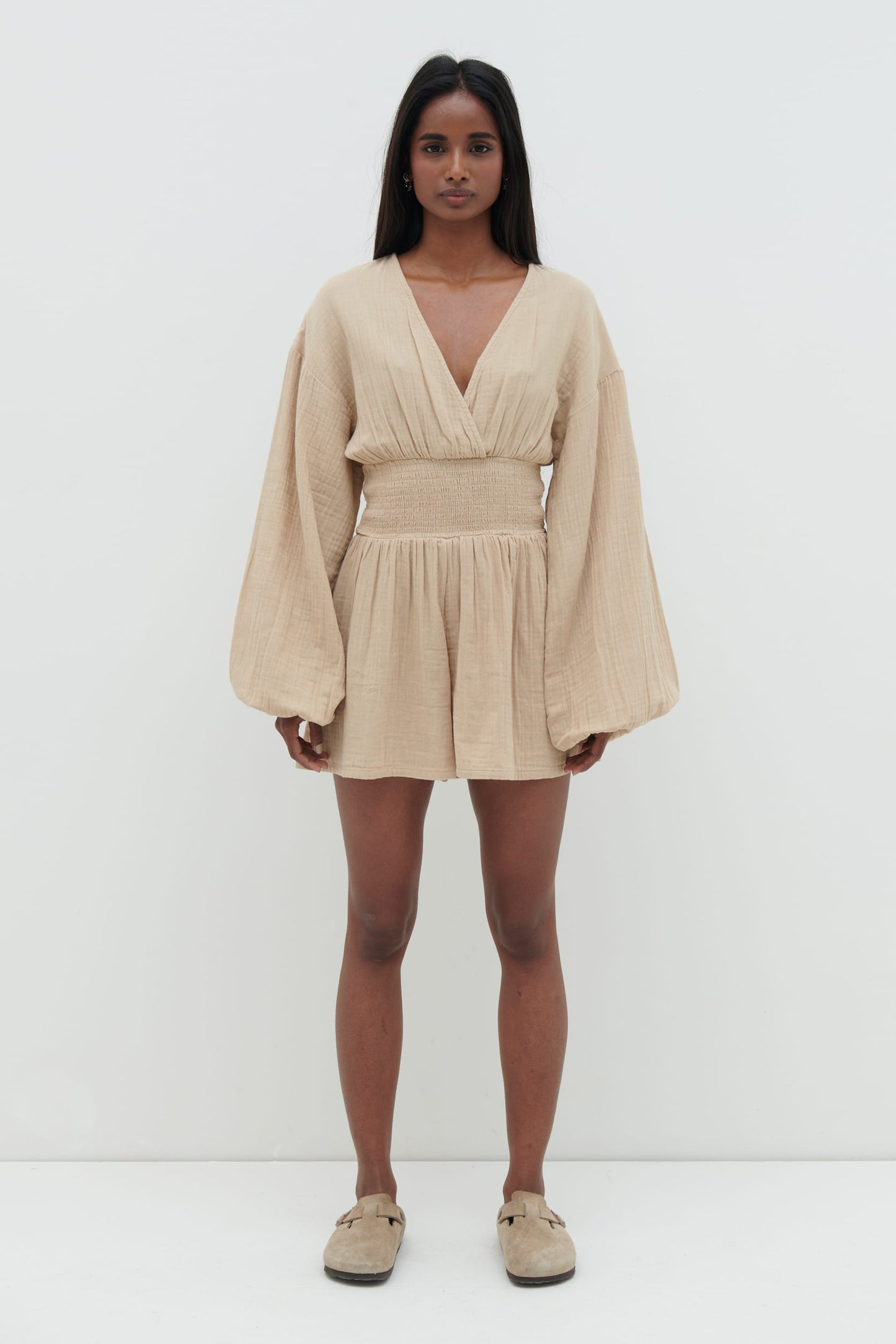 Blake Shirred Playsuit - Beige