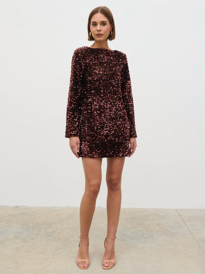 Bow Sequin Mini Dress - Chocolate