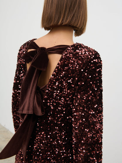 Bow Sequin Mini Dress - Chocolate