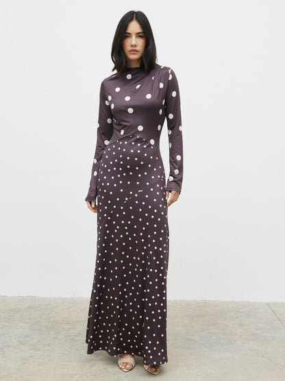 Delilah Asymmetric Maxi Jersey Dress - Polka Dot