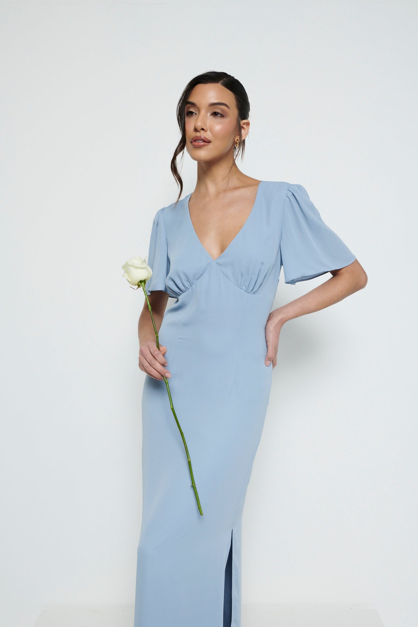 Edie Chiffon Short Sleeve Maxi Bridesmaid Dress - Dusty Blue