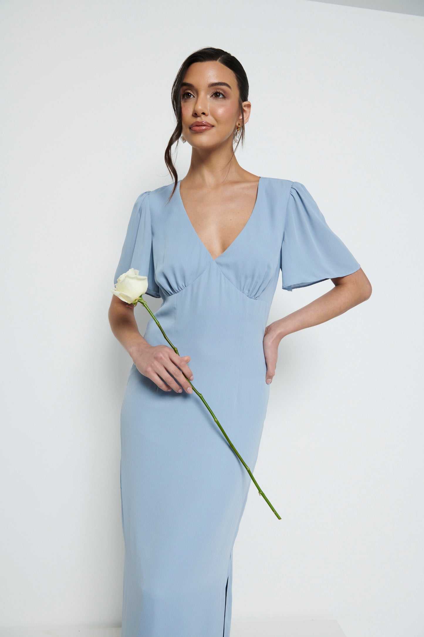 Edie Chiffon Short Sleeve Maxi Bridesmaid Dress - Dusty Blue