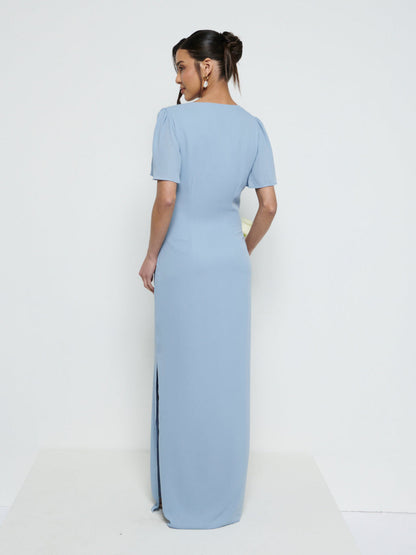Edie Chiffon Short Sleeve Maxi Bridesmaid Dress - Dusty Blue