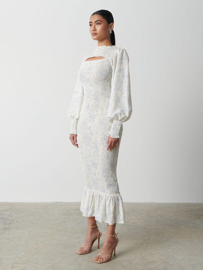 Elise Cut Out Shirred Printed Midaxi Dress - Peony Abstract Floral Print