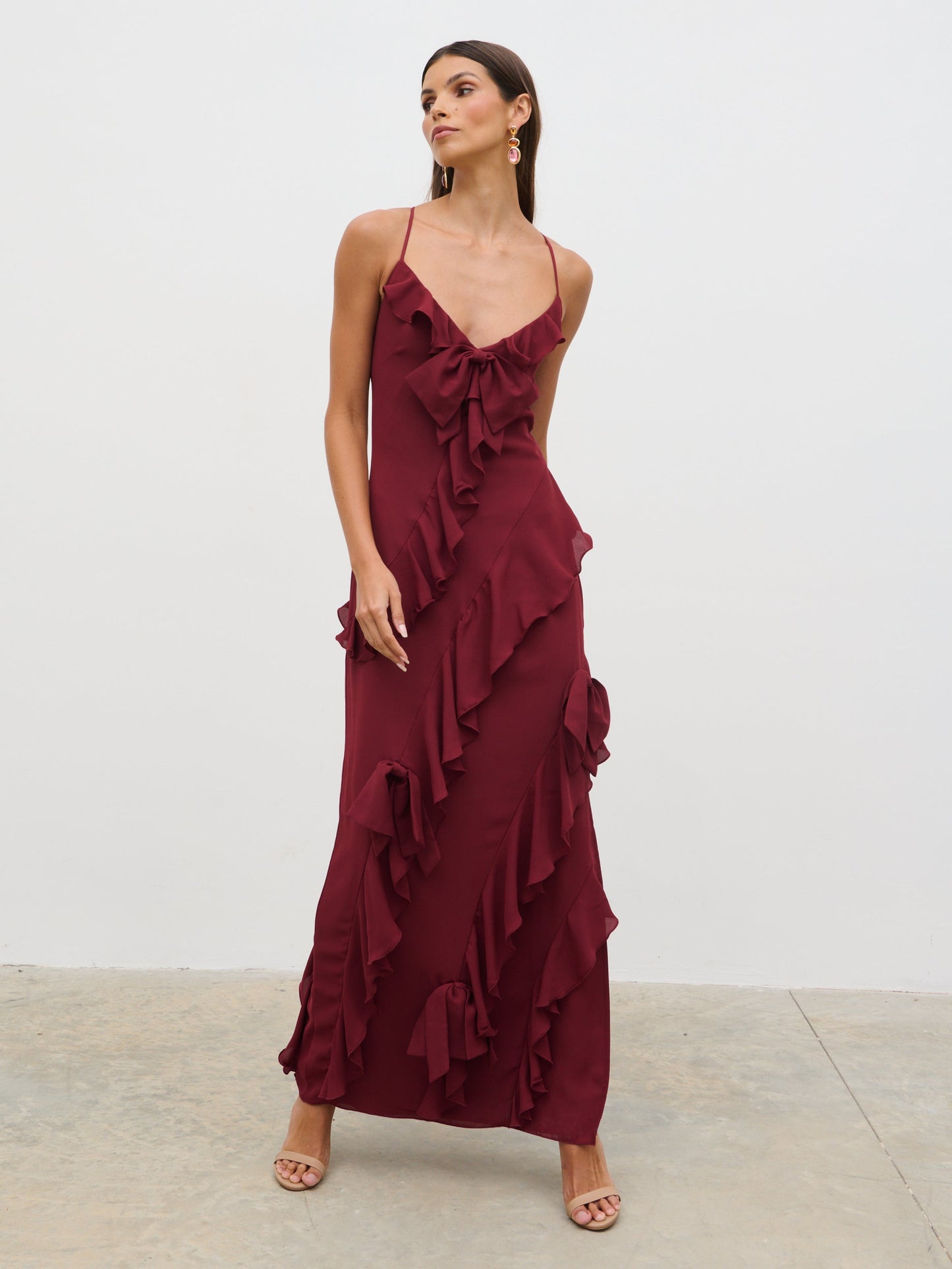 Elle Ruffle Bow Maxi Dress - Wine