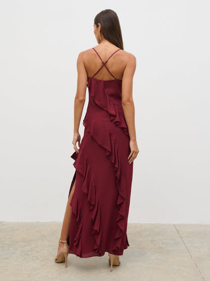 Elle Ruffle Bow Maxi Dress - Wine