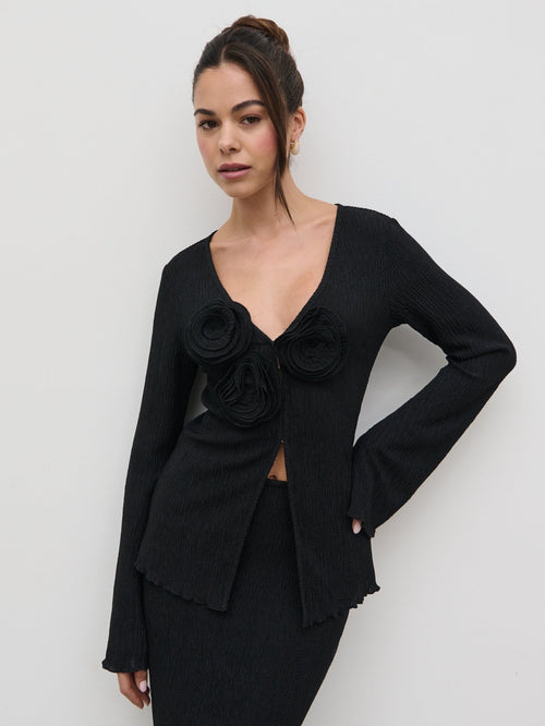 Evalina Crinkle Corsage Detail Top - Black