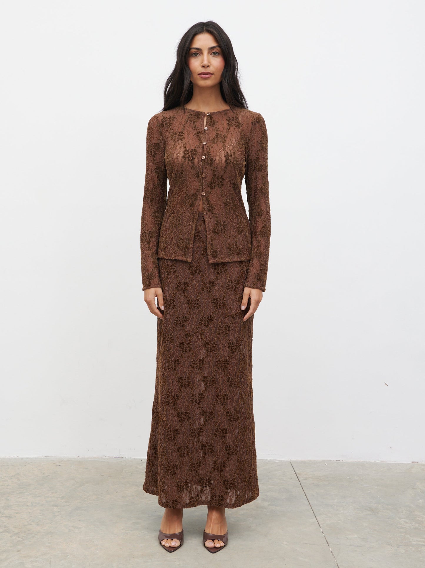 Francessca Lace Maxi Skirt - Brown Velvet