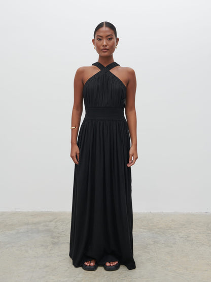 Hollie Shirred Maxi Dress - Black