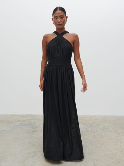 Hollie Shirred Maxi Dress - Black