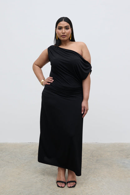 Janece Asymmetric Jersey Dress Curve - Black