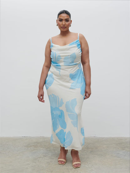 Keisha Ruched Midaxi Dress Curve - Blue and Cream Floral