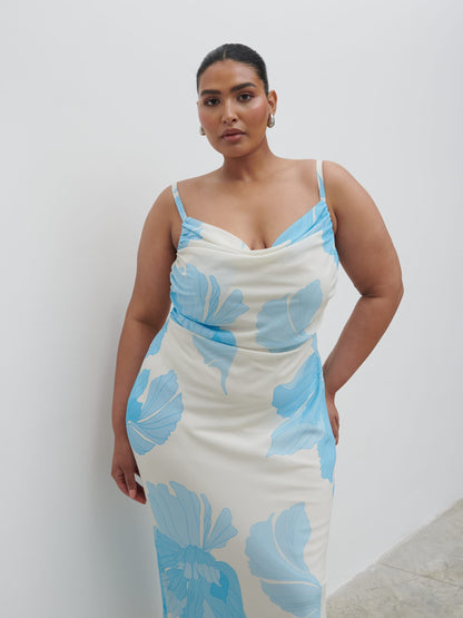 Keisha Ruched Midaxi Dress Curve - Blue and Cream Floral